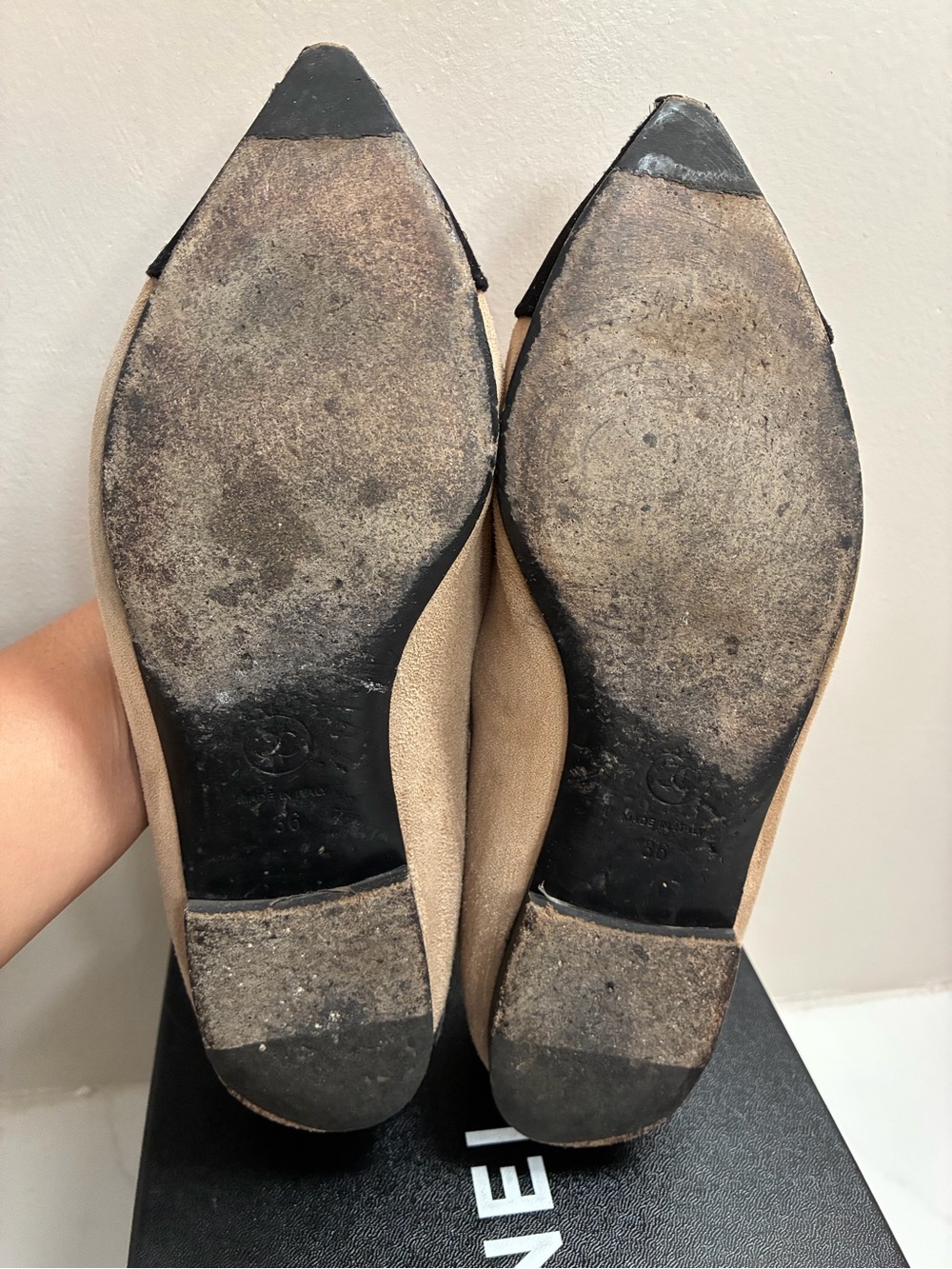 Chanel Classic Two-Tone Suede with Satin Cap-Toe Ballet Flats in Beige and Black - Picture 6 of 7